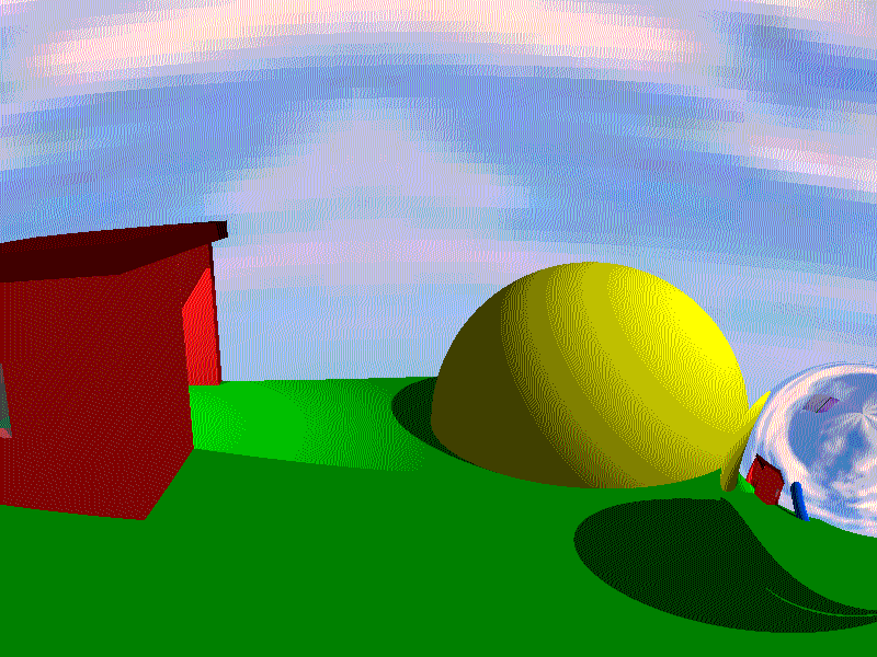 A dithered physics animation of a reflective cube falling onto a yellow hill
