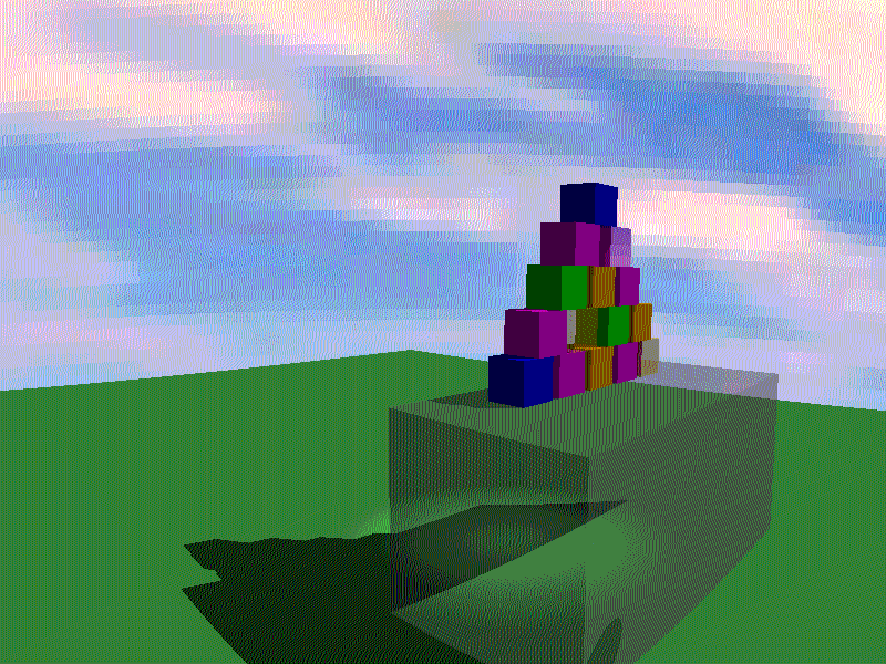 A dithered physics animation of a golden capsule smashing into a pyramid of colorful blocks