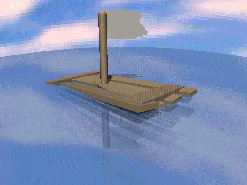 A dithered render of a scrappy boat made out of wood in a sea