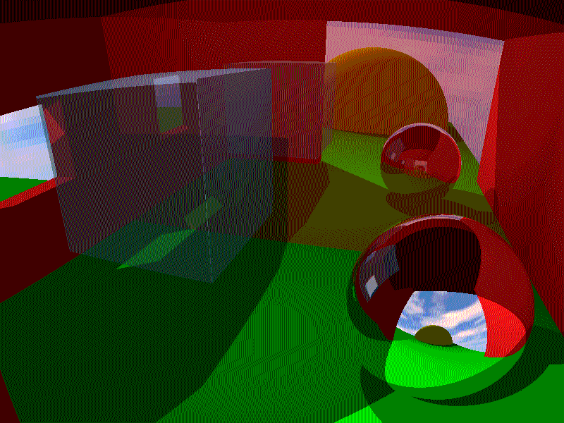 A dithered render of a fully reflective sphere